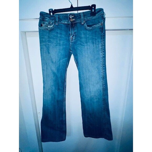 Miss Me Jeans Women's Sz 31 Blue Camo Denim Boot Cut Embellished Distressed Flap - Picture 2 of 16